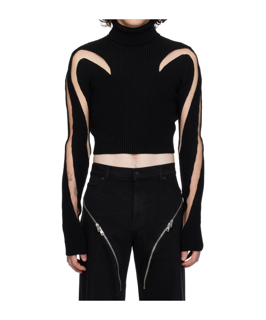 Mugler Wool & Sheer Tulle Turtleneck Sweater In Black