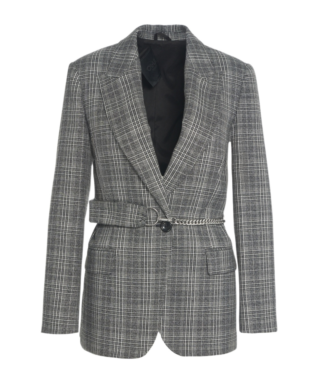 Liu •jo Glencheck Tailored Blazer With Chain Belt In Gray