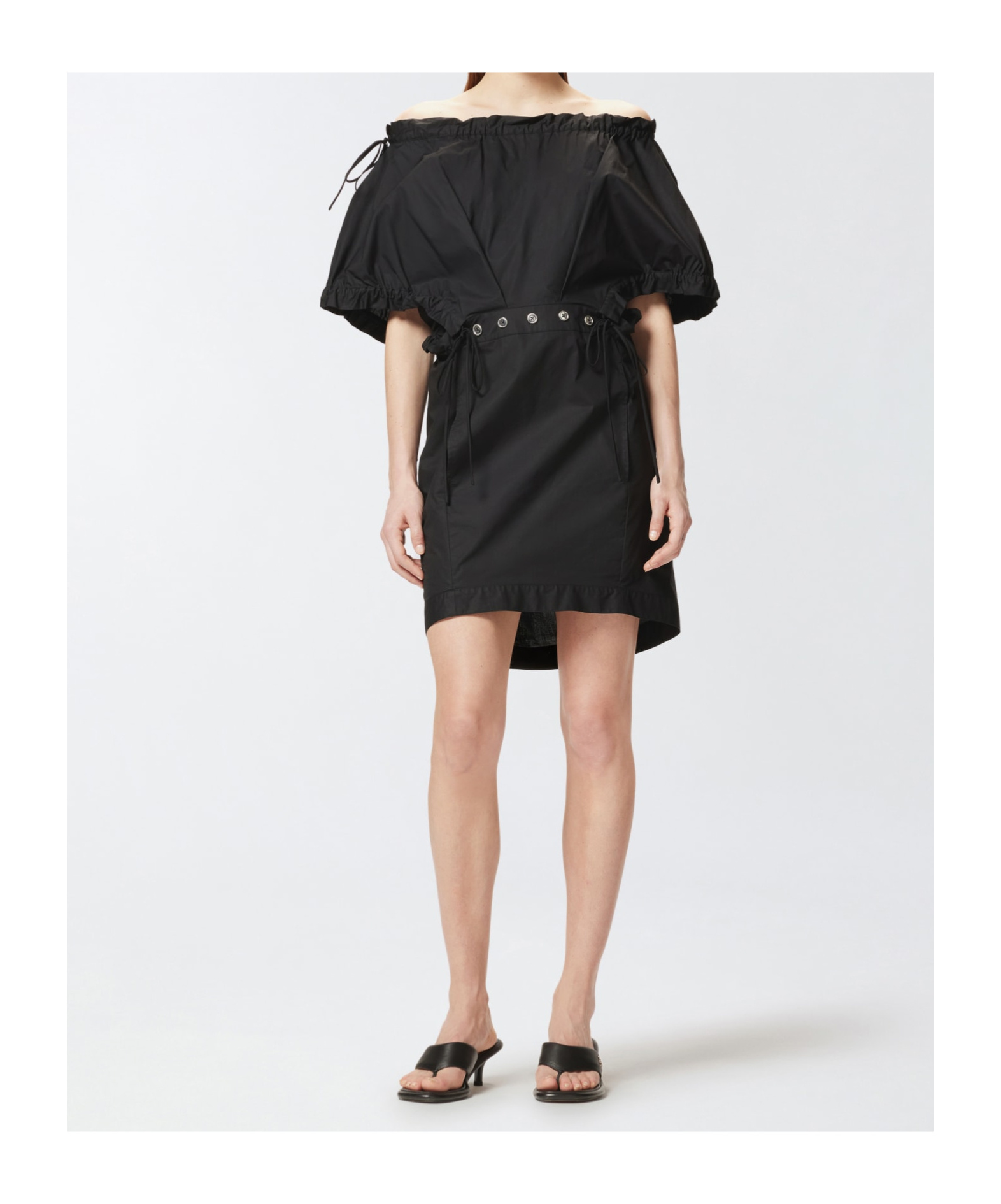 Pinko Poplin Mini Dress With Gathering And Eyelets In Black