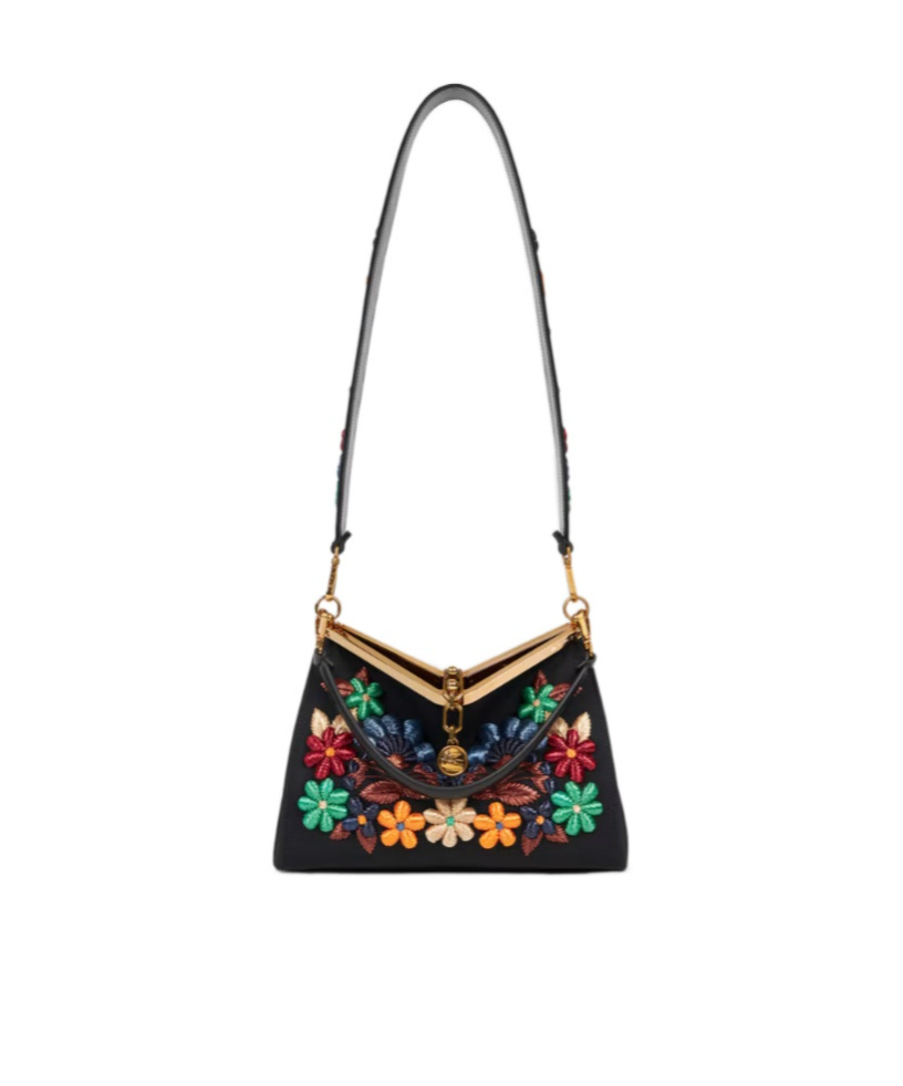 Etro Medium Vela Bag With Flowers In Black