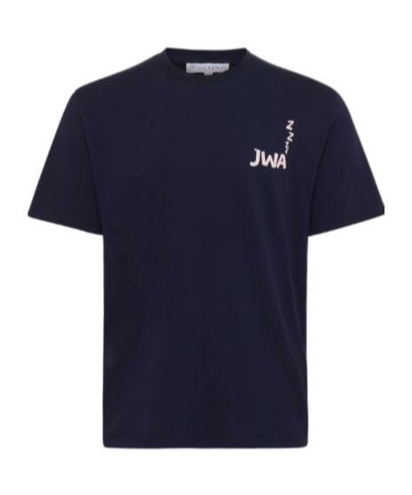 Jw Anderson Blue Crewneck T-shirt With Logo Detail On The Front And Maxi Slogan Print On The Rear In Black