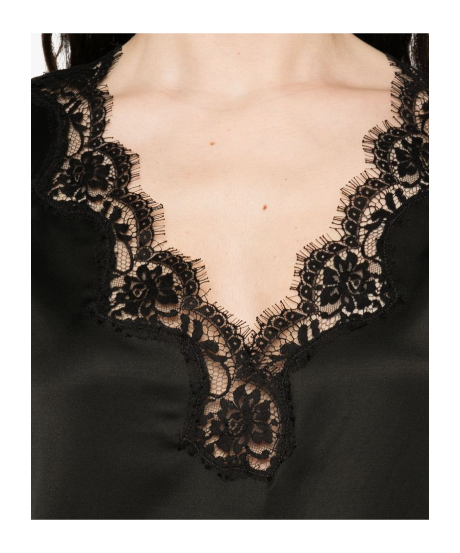 Ermanno Firenze Lace Trim V Neck Short Sleeves Top In Black