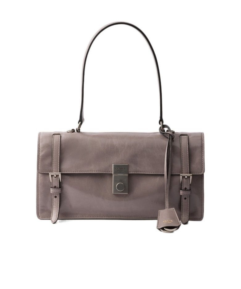 Prada Medium Buckle Flap Leather Shoulder Bag In Pewter