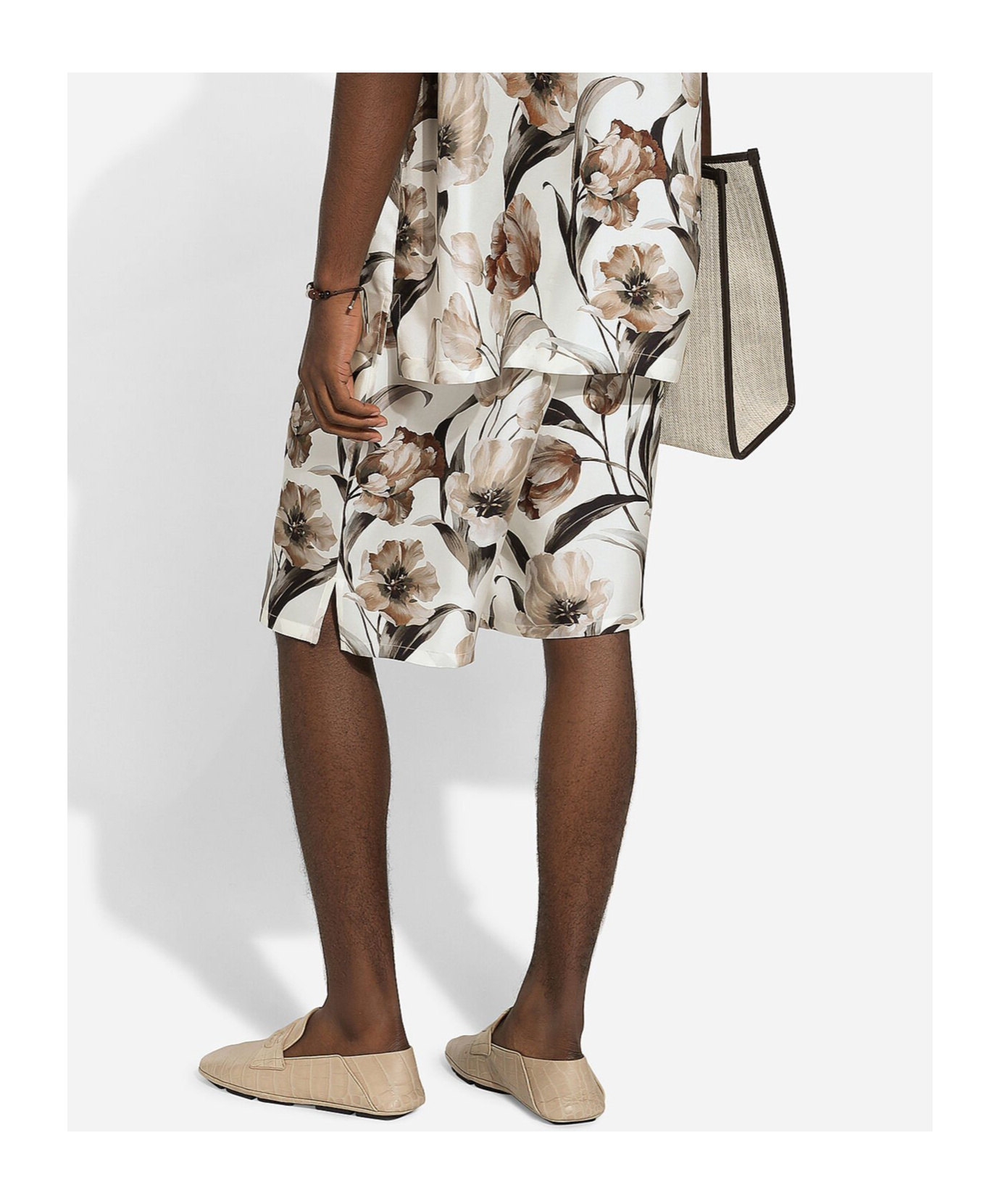 Dolce & Gabbana Beige Bermuda Short With Flower Print In Silk Twill In White