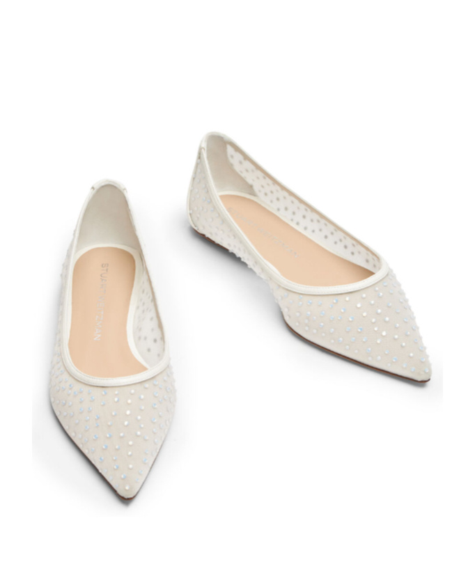 Stuart Weitzman Emilia Mesh Crystal-embelished Ballerina Shoes In White
