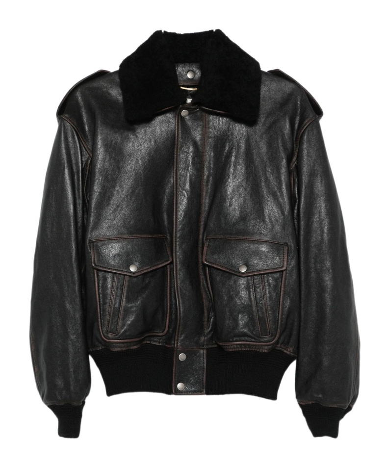 Saint Laurent Leather Bomber Jacket In Black
