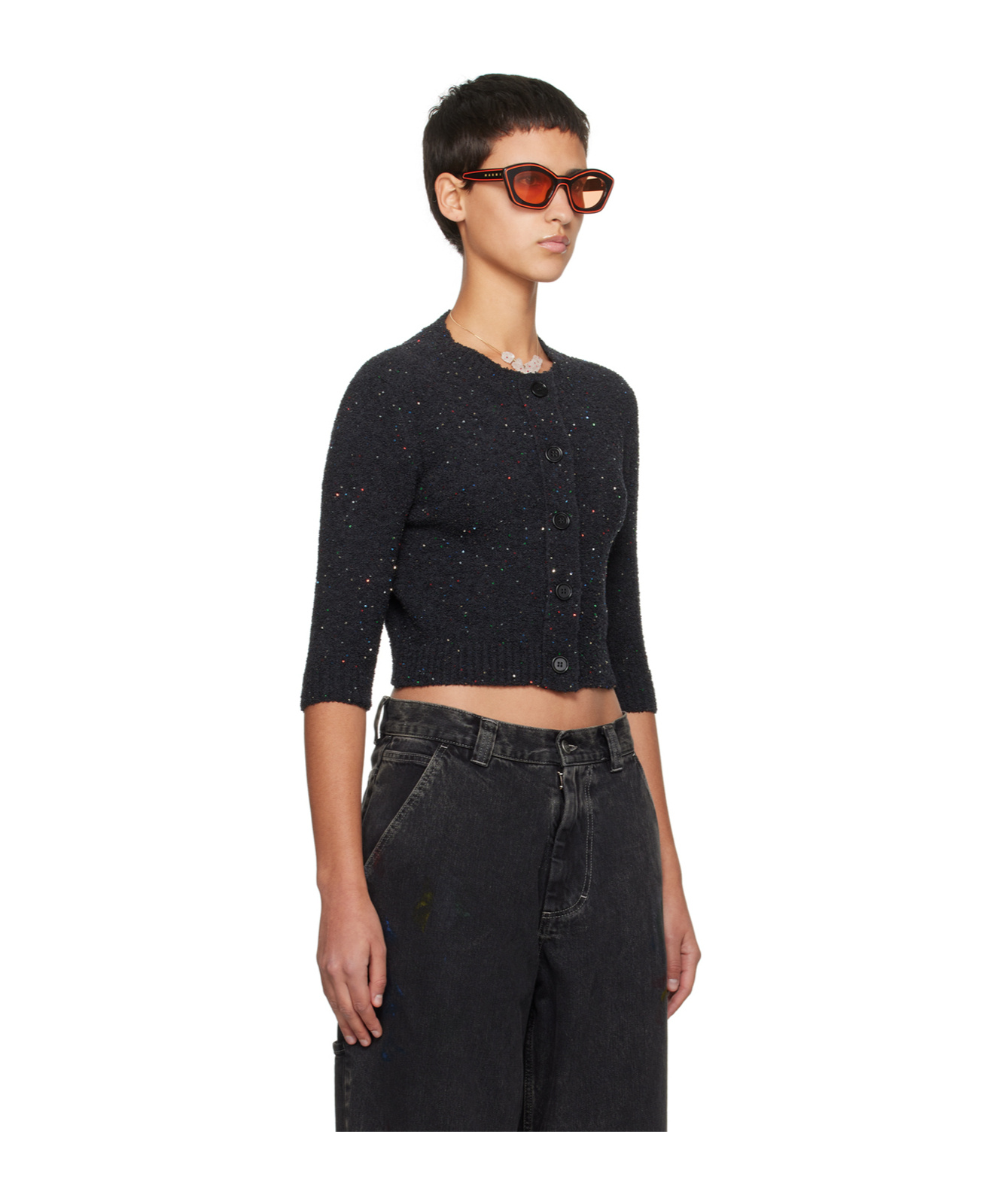 Marni Sequined Round-neck Knitted Cardigan In Black