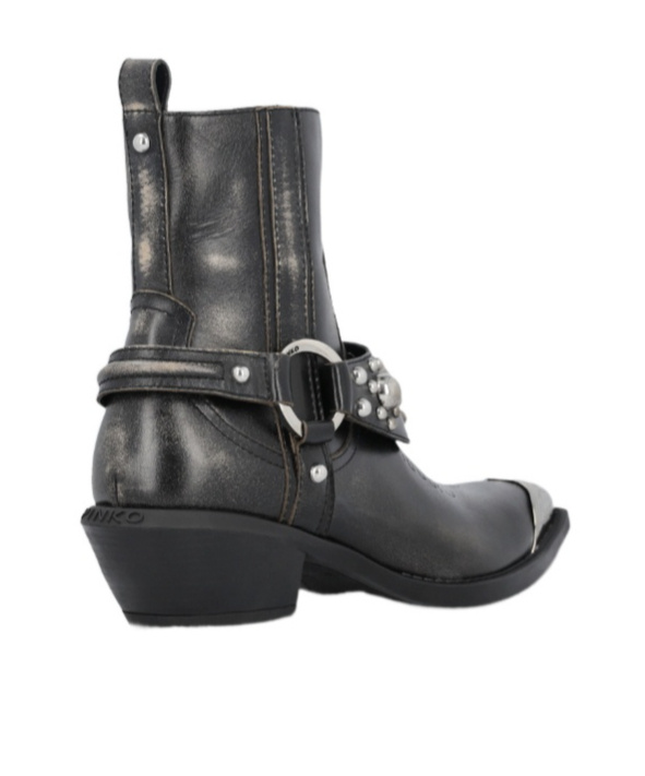 Pinko Texan-style Ankle Boots In Brushed Leather With Metal Toe In Black