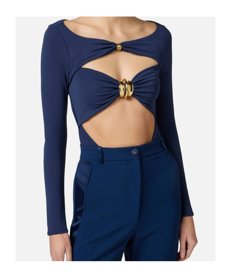 Elisabetta Franchi Cut-out Viscose Top With Gold Accent In Blue