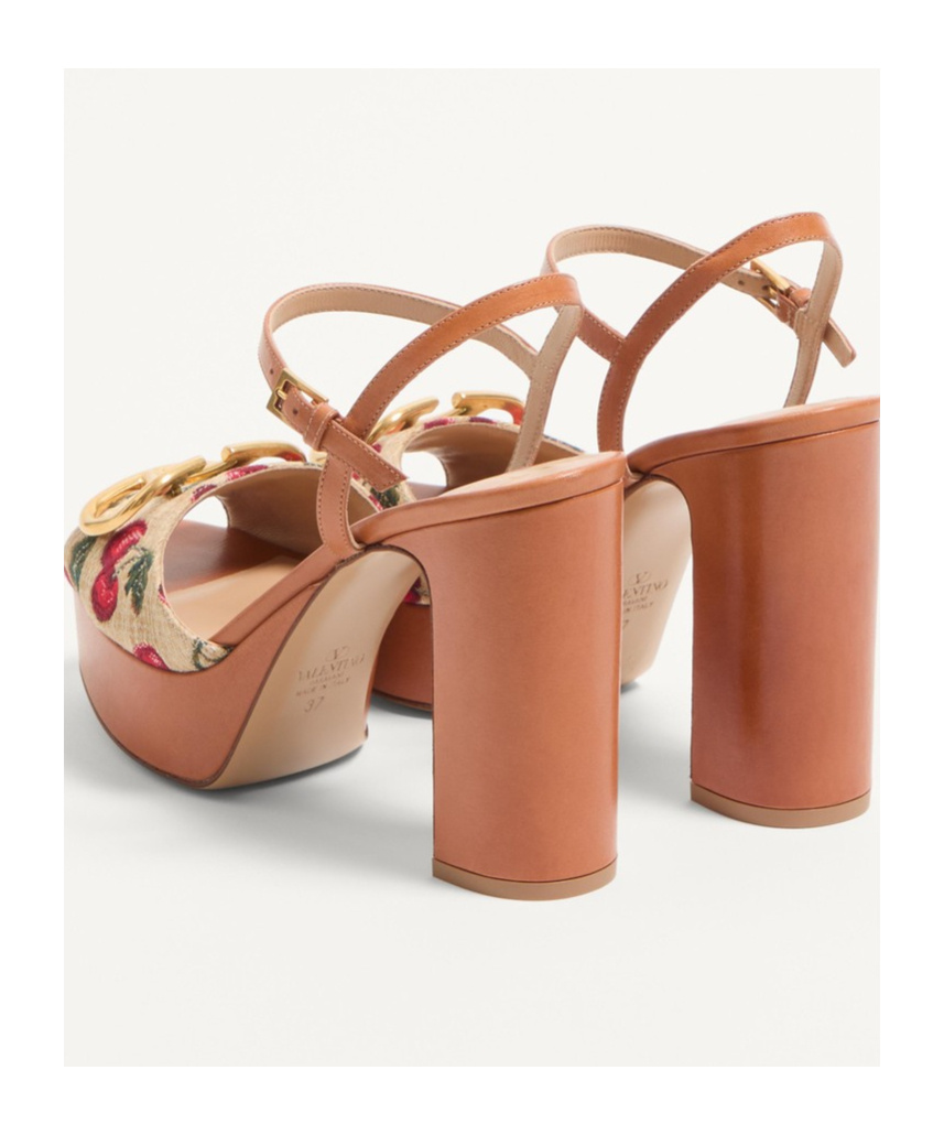 Valentino Cherry-embroidered Raffia Platform Sandals In Brown