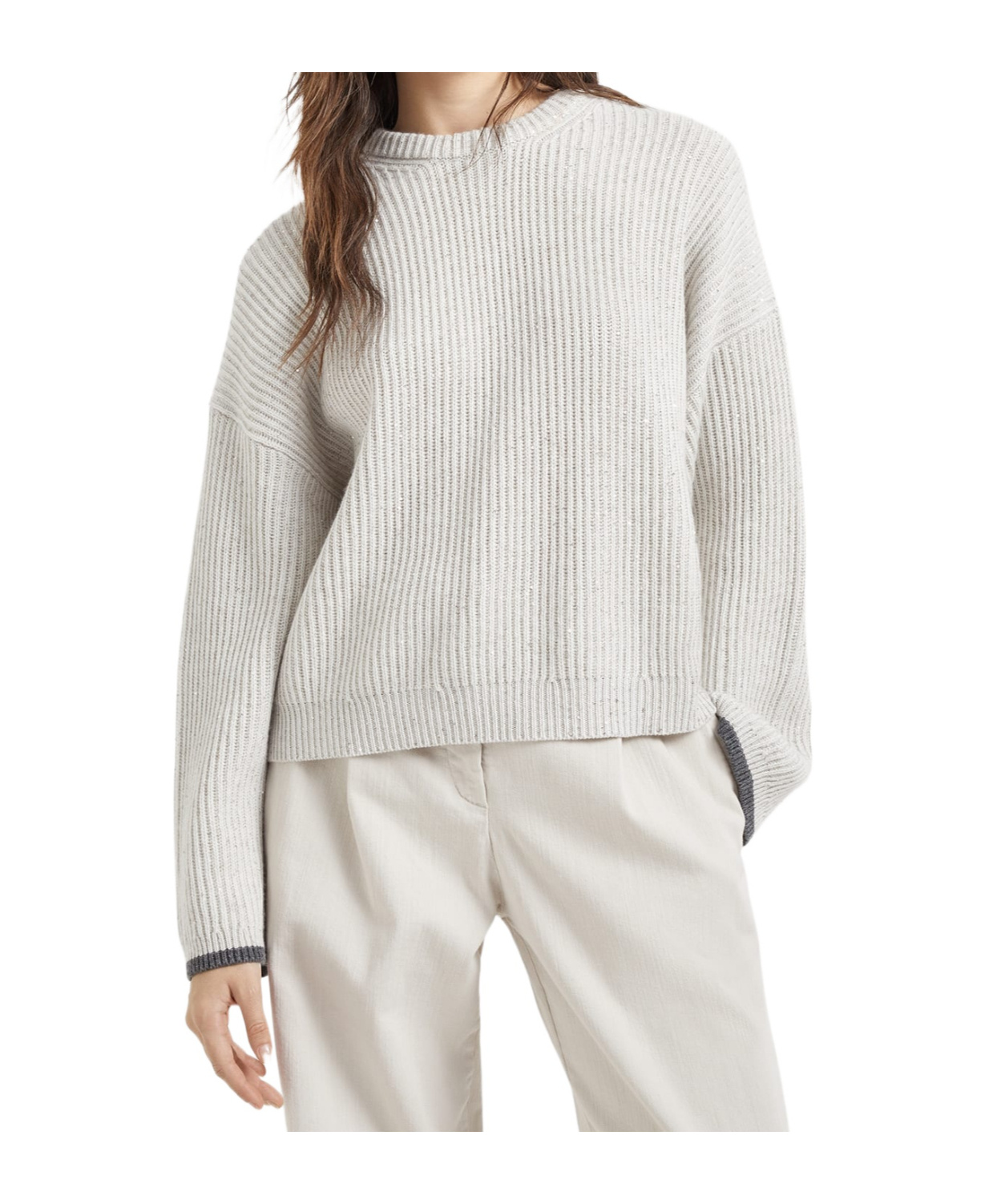 Brunello Cucinelli Shining British Ribbed Cashmere Silk Sweater In White