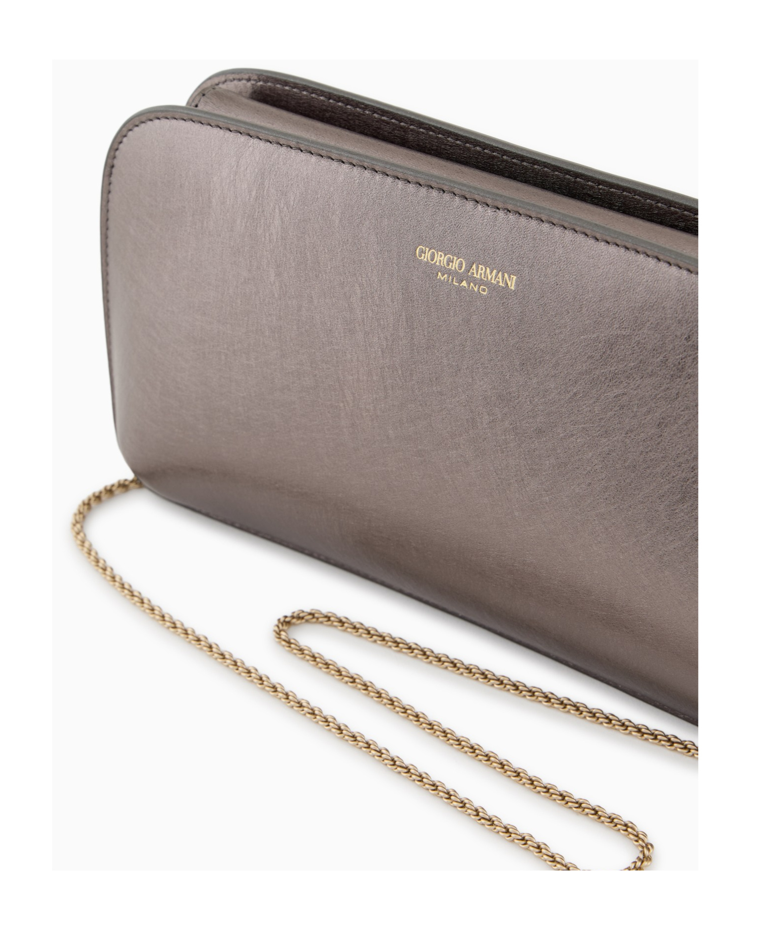 Giorgio Armani Logo Metallic Leather Clutch In Gray
