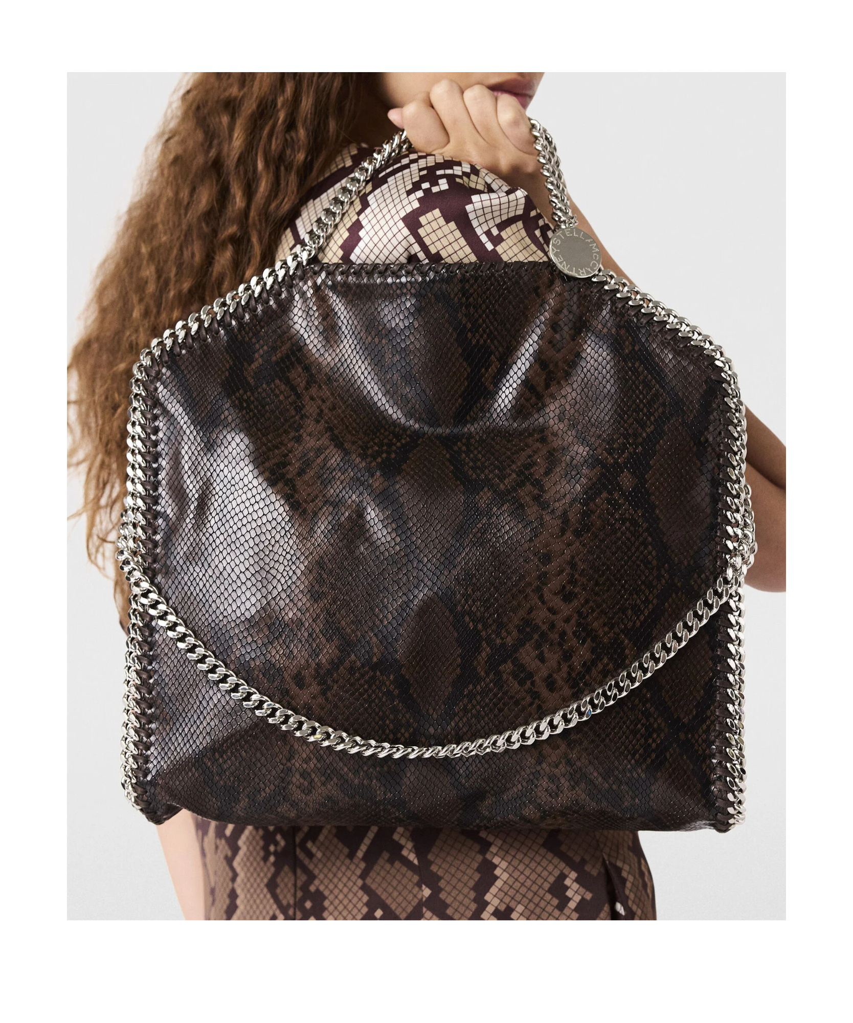 Stella Mccartney Falabella Fold-over Snakeskin-effect Tote Bag In Brown