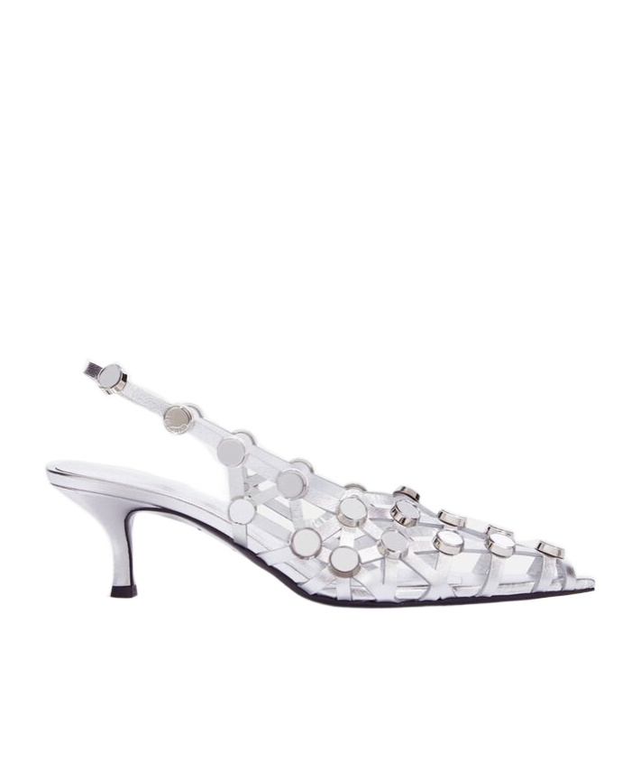 Attico Grid Studded Metallic Leather Slingback Pumps In Silver