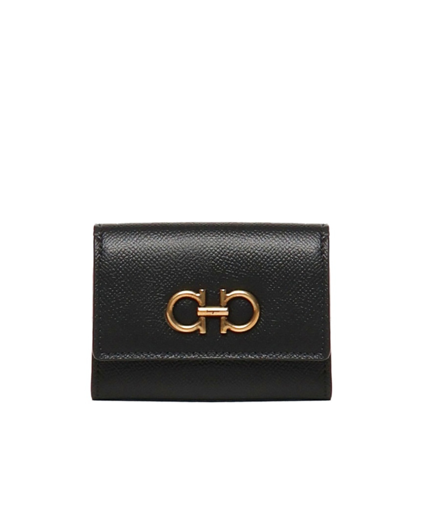 Ferragamo Gancini Plaque Tri-fold Wallet In Black