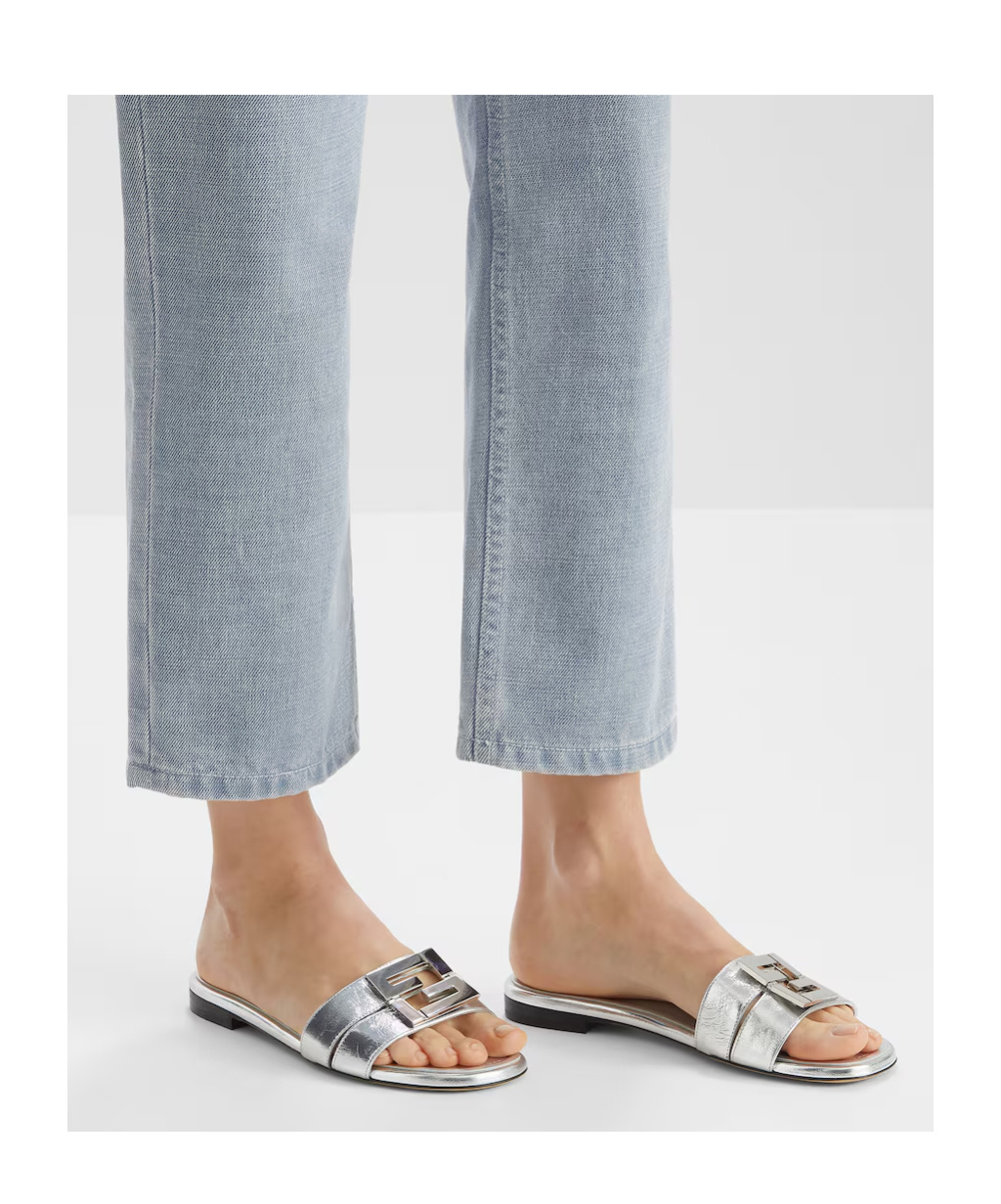 Fendi Ffold Metallic Leather Sandals In White