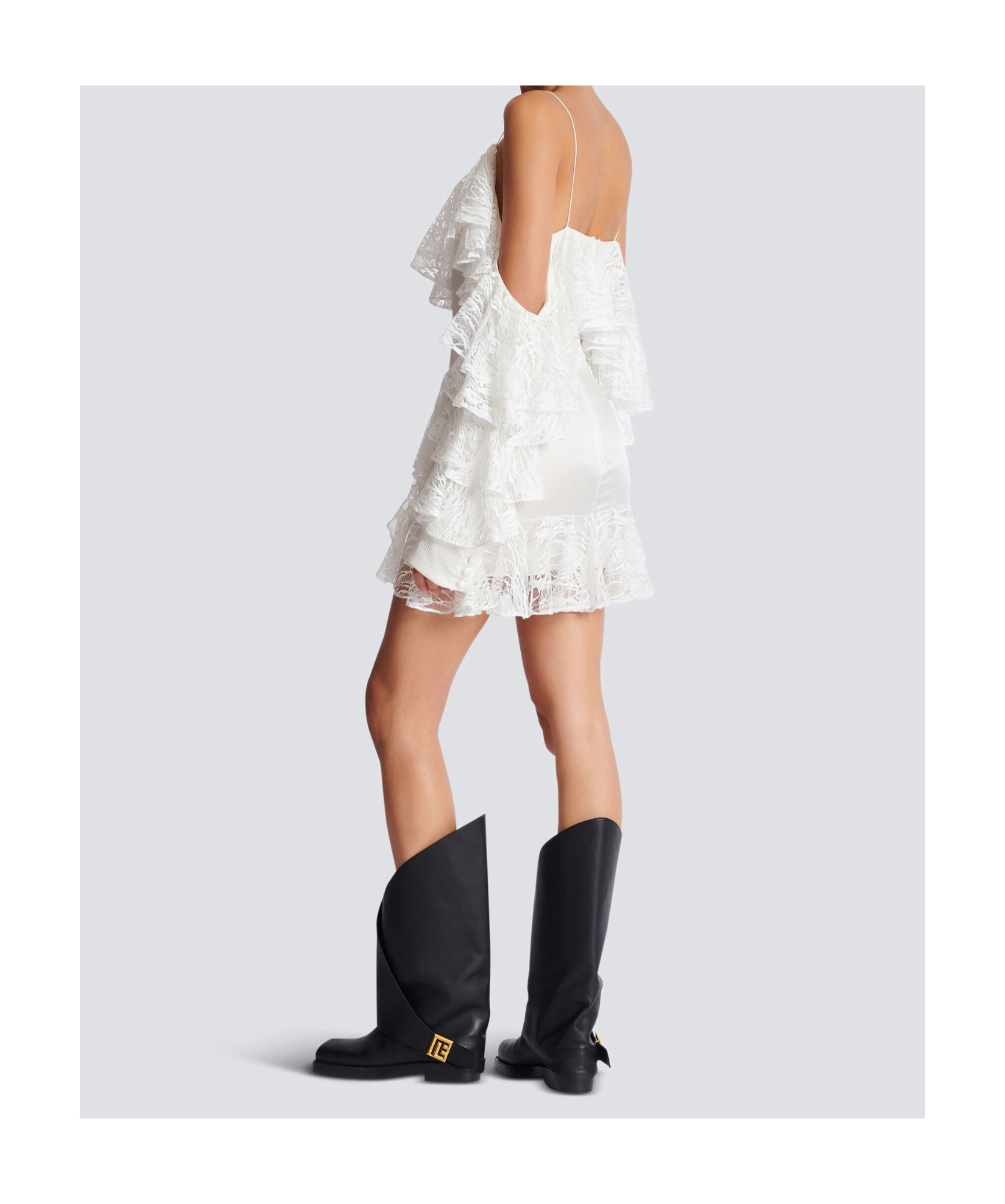 Balmain Flowing Dress With Lace Ruffles In White
