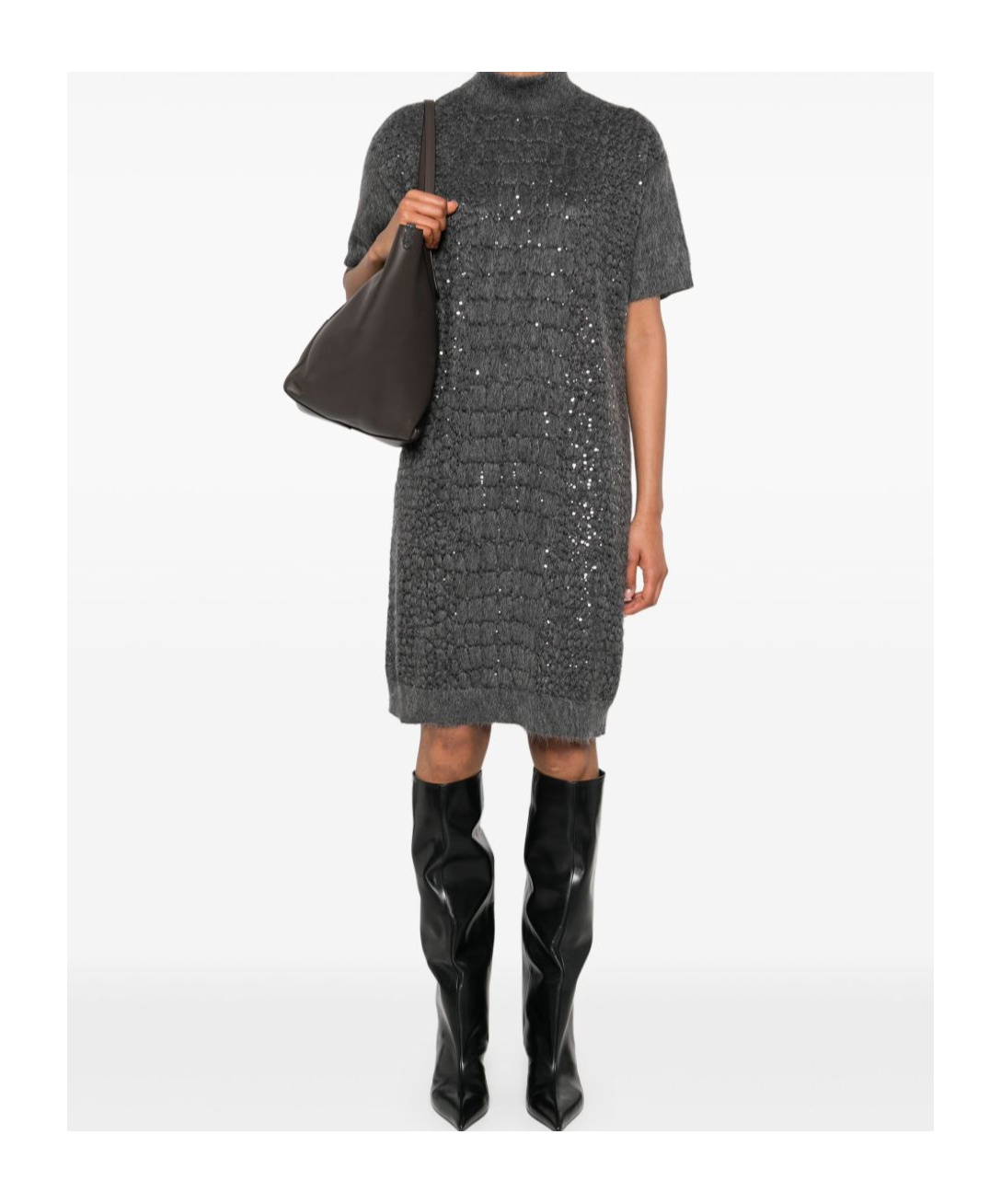 Brunello Cucinelli Sequin-embellished High-neck Dress In Gray
