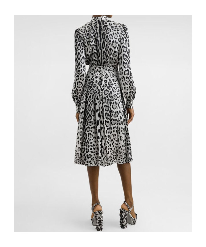 Dolce & Gabbana Satin Calf-length Shirt Dress With Pussy-bow And Leopard Print In Gray