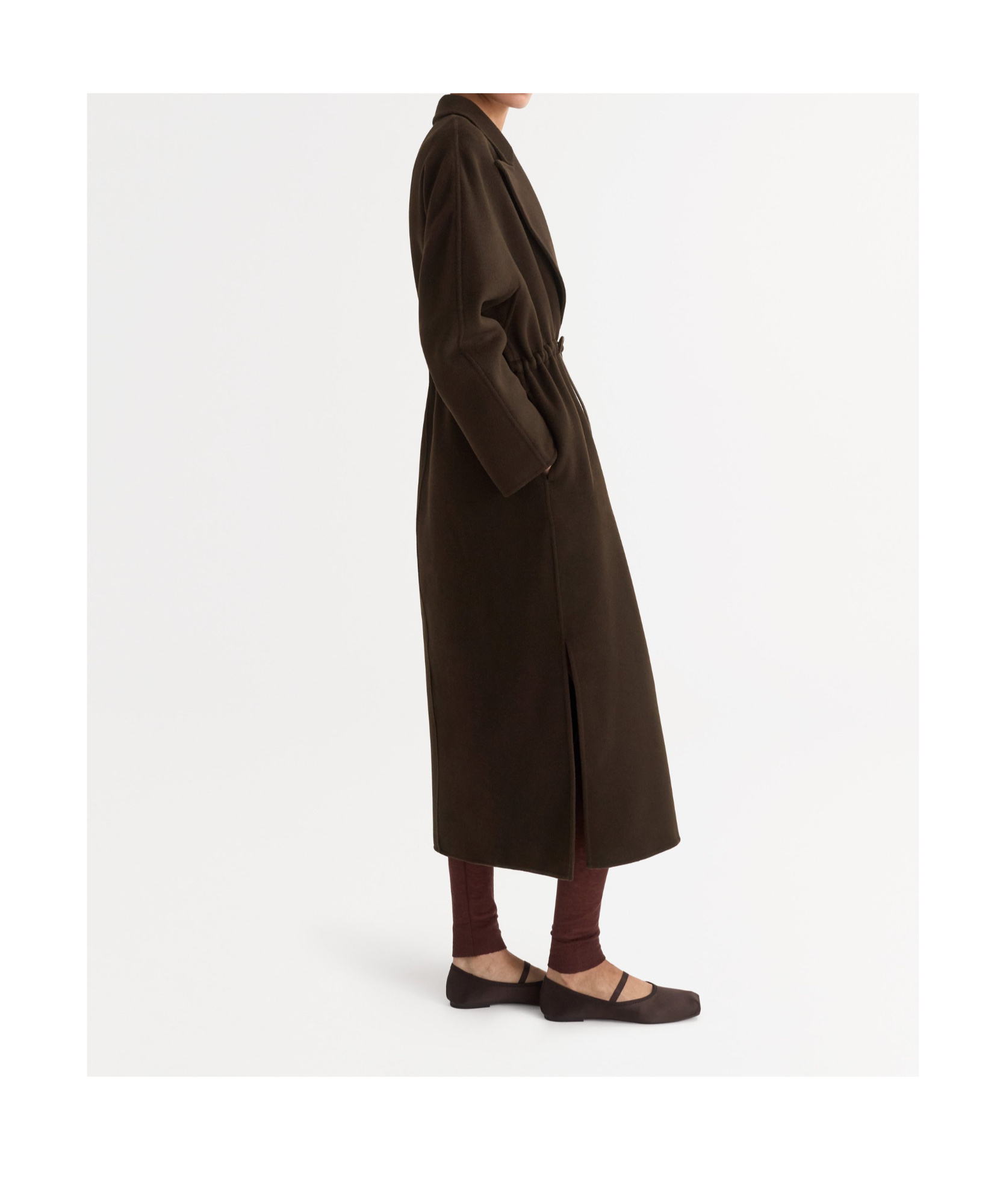 Soft Goat Drawstring Waist Lapel Coat In Brown