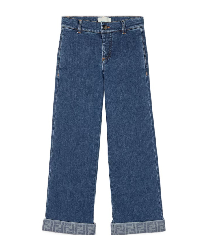 Fendi Denim Junior Trousers With Logo In Blue
