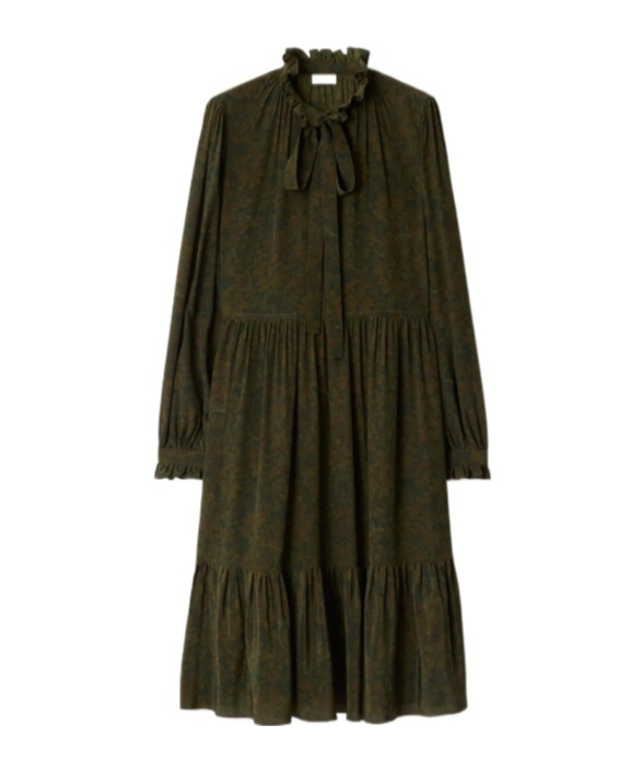 Burberry Colette Floral Tie Neck Long Sleeve Tiered Silk Dress In Green