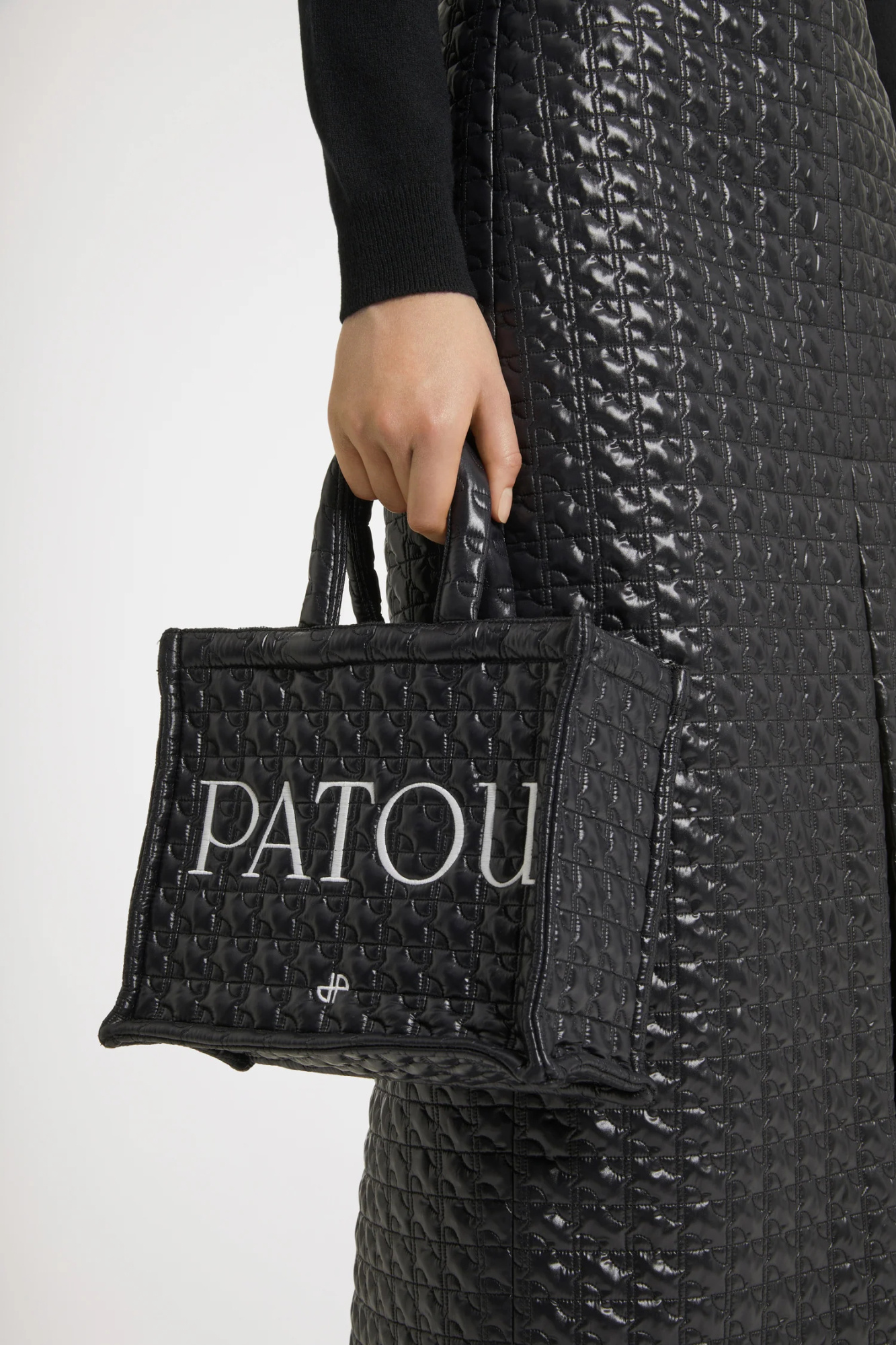 Patou Logo-embroidered Quilted Top Handle Bag In Black