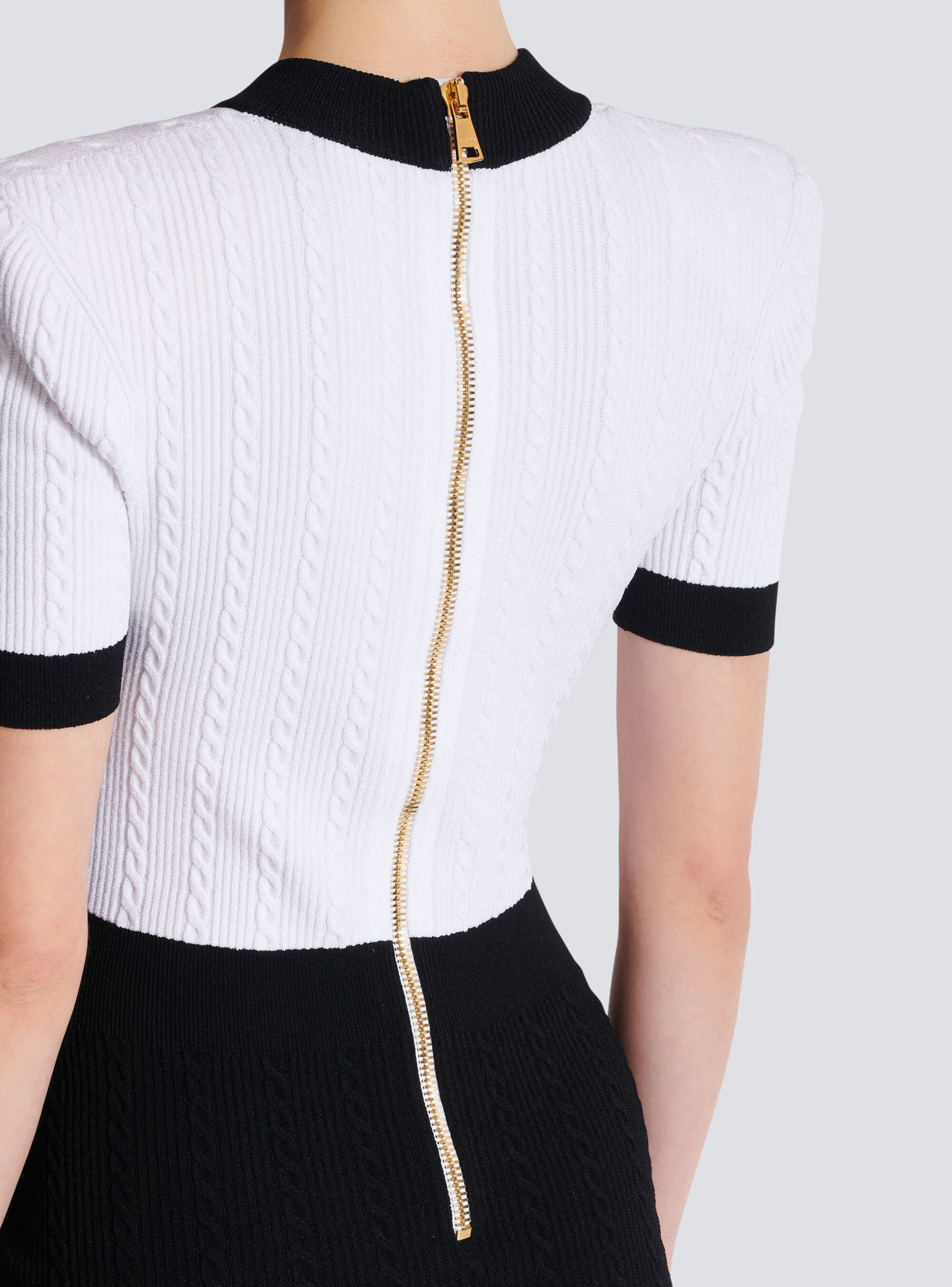 Balmain V-neck Buttoned Strong-shoulder Torsade Knit Mini Dress