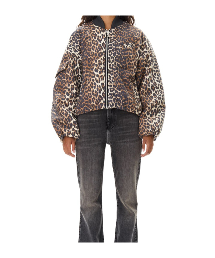 Ganni Printed Canvas Bomber Jacket Leopard In Brown