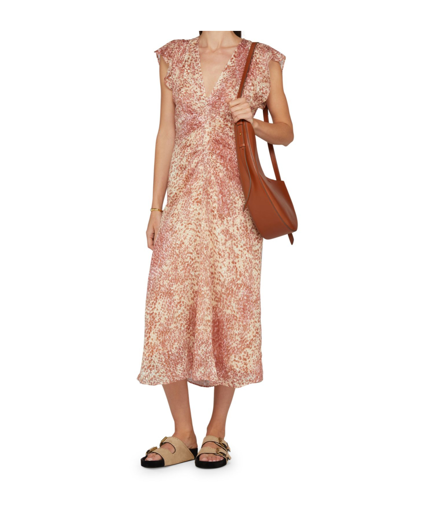 Isabel Marant Lyndsay Spotted Velvet Burnout Flutter-sleeve Midi Dress In Light Red/off-white