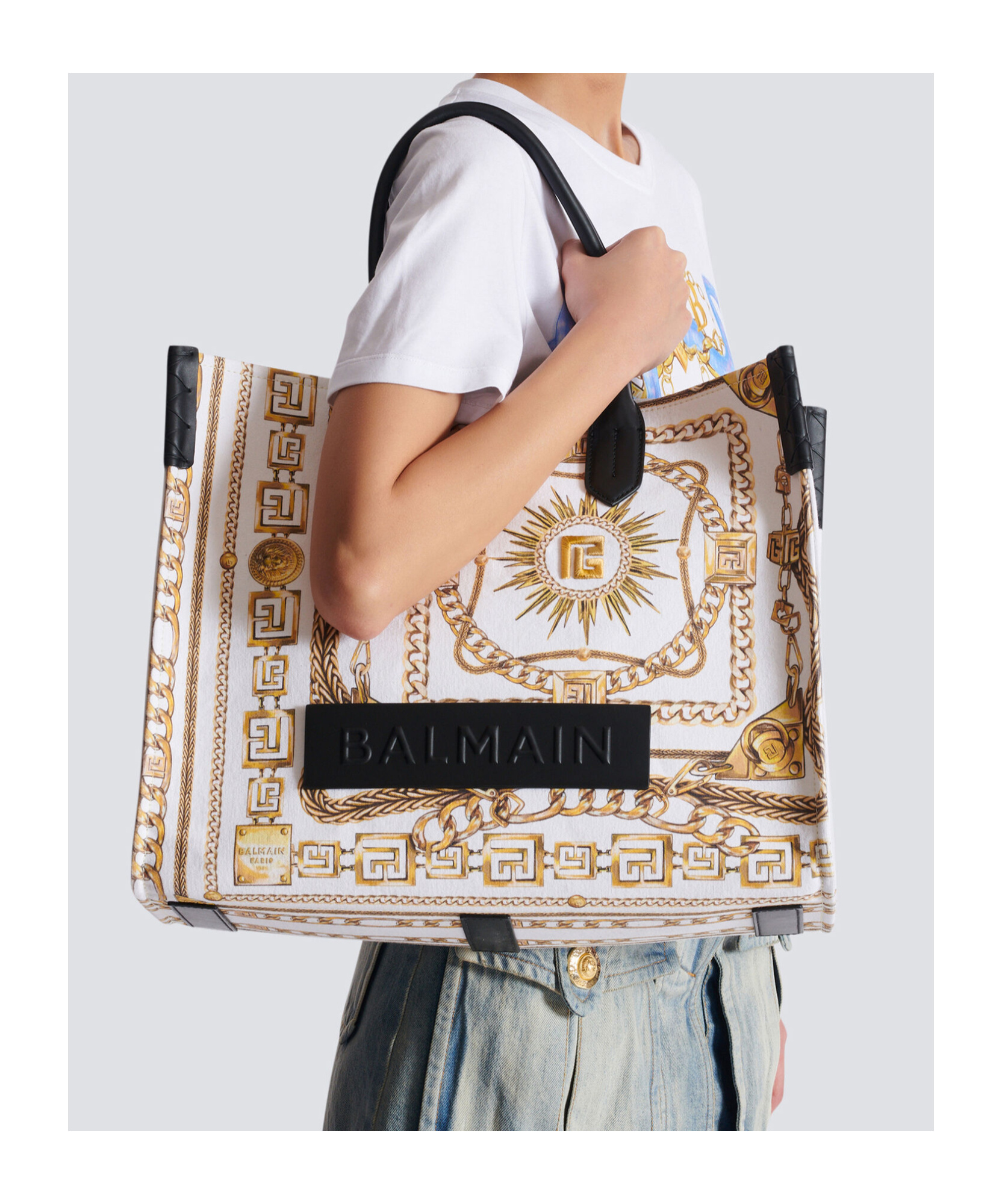 Balmain B-army Medium Tote Bag In Printed Canvas