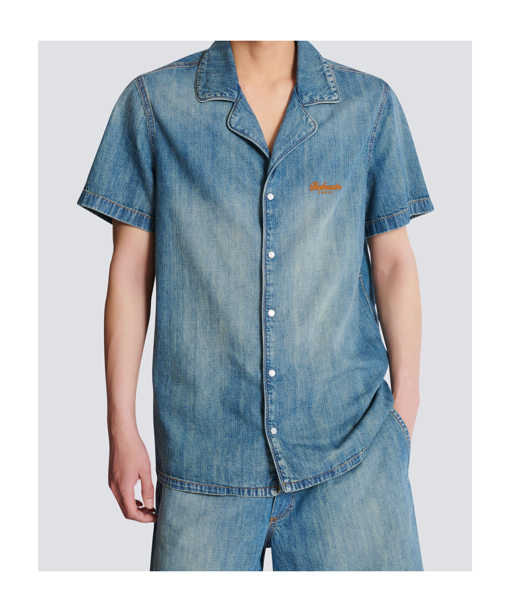 Balmain Short-sleeved Pyjama Shirt In Faded Denim In Blue