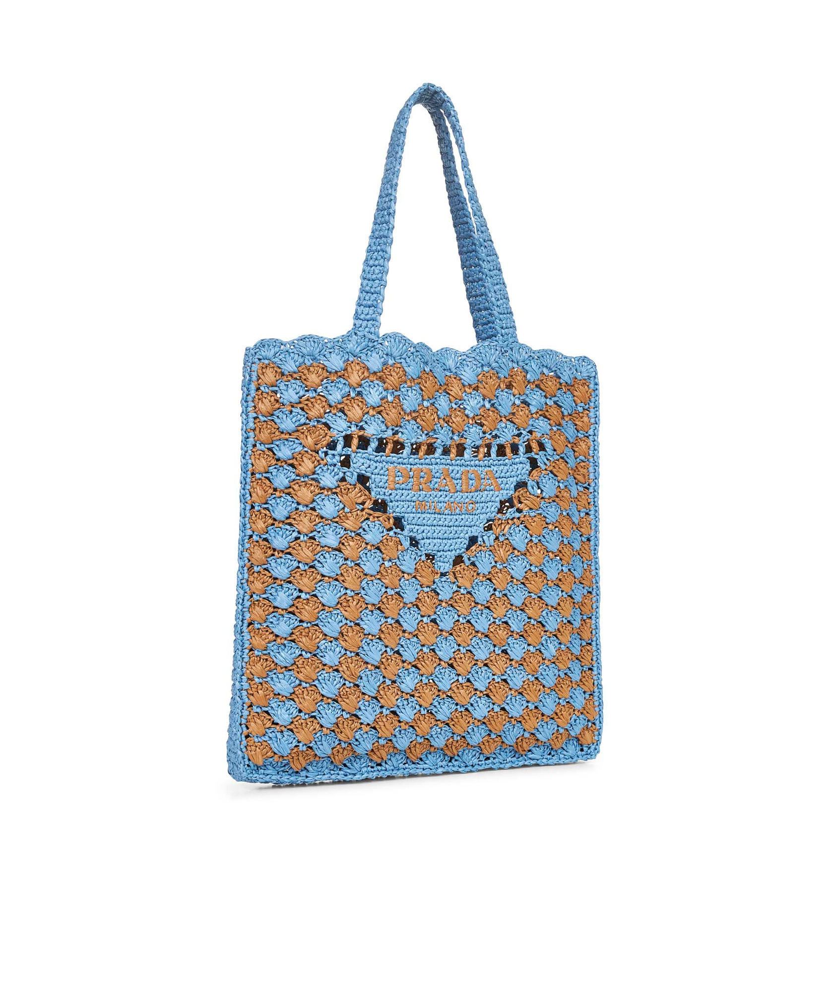 Prada Light Blue And Caramel Crochet Shopping Bag In Blue