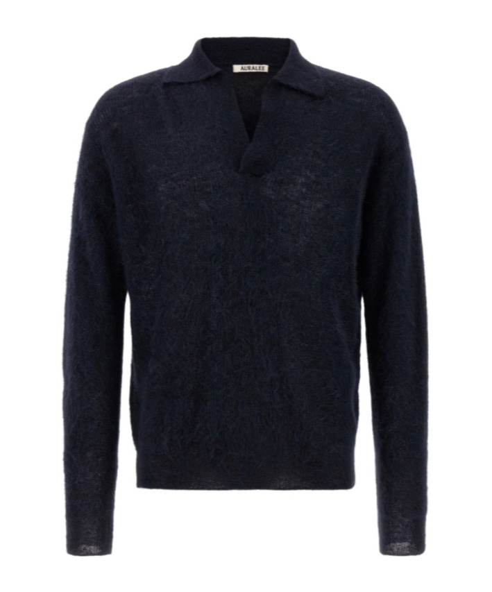 Auralee Sheer Knit Skipper Polo In Blue