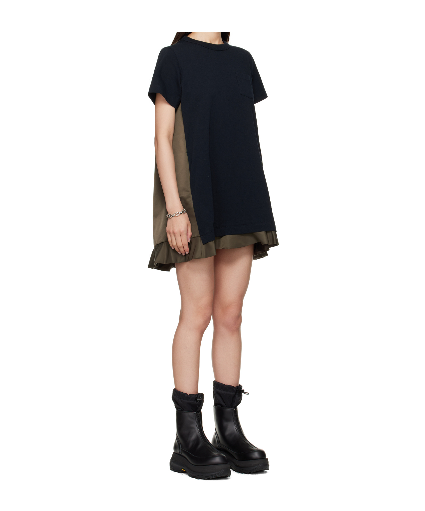 Sacai Womens Navy Khaki Pleated-contrast Short-sleeves Cotton-jersey Mini Dress In Multi