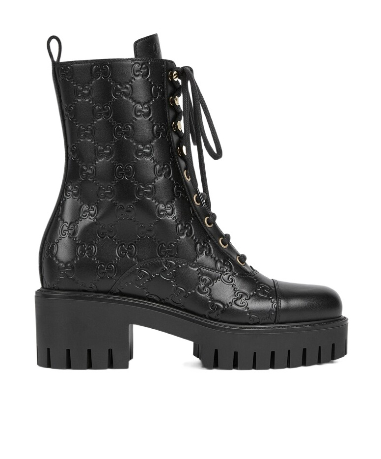 Gucci New Marmont Gg Interlock Leather Combat Boots In Black