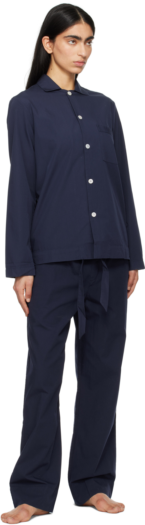 Tekla Poplin Long-sleeved Pyjama Shirt In Navy Blue