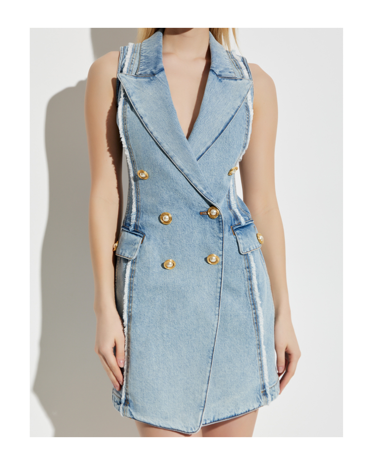 Balmain Tailored Denim Vest Dress In Blue