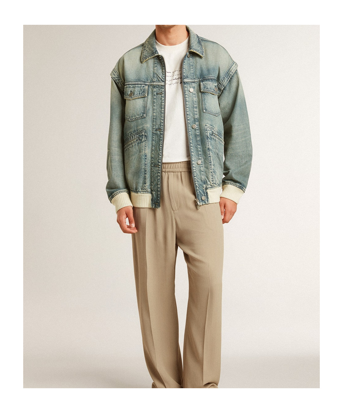 Golden Goose Men's Washed Denim Jacket With Wool Blend Ribbing In Gray