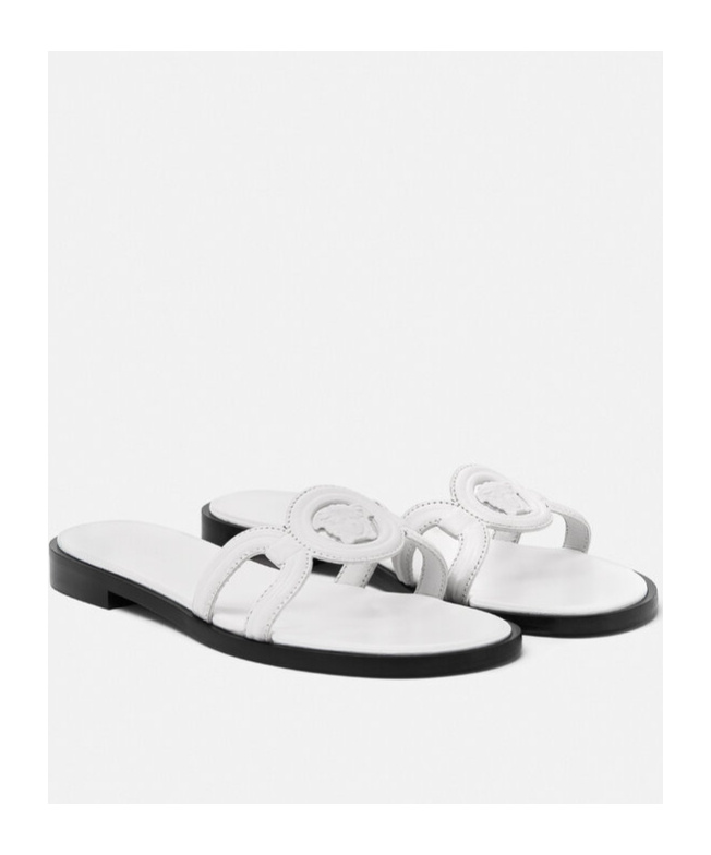 Versace Medusa Leather Flat Slide Sandals In White