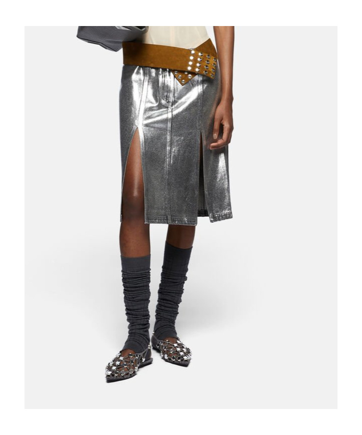 Shop Attico The Side Slit Coated Denim Midi Skirt In Gray