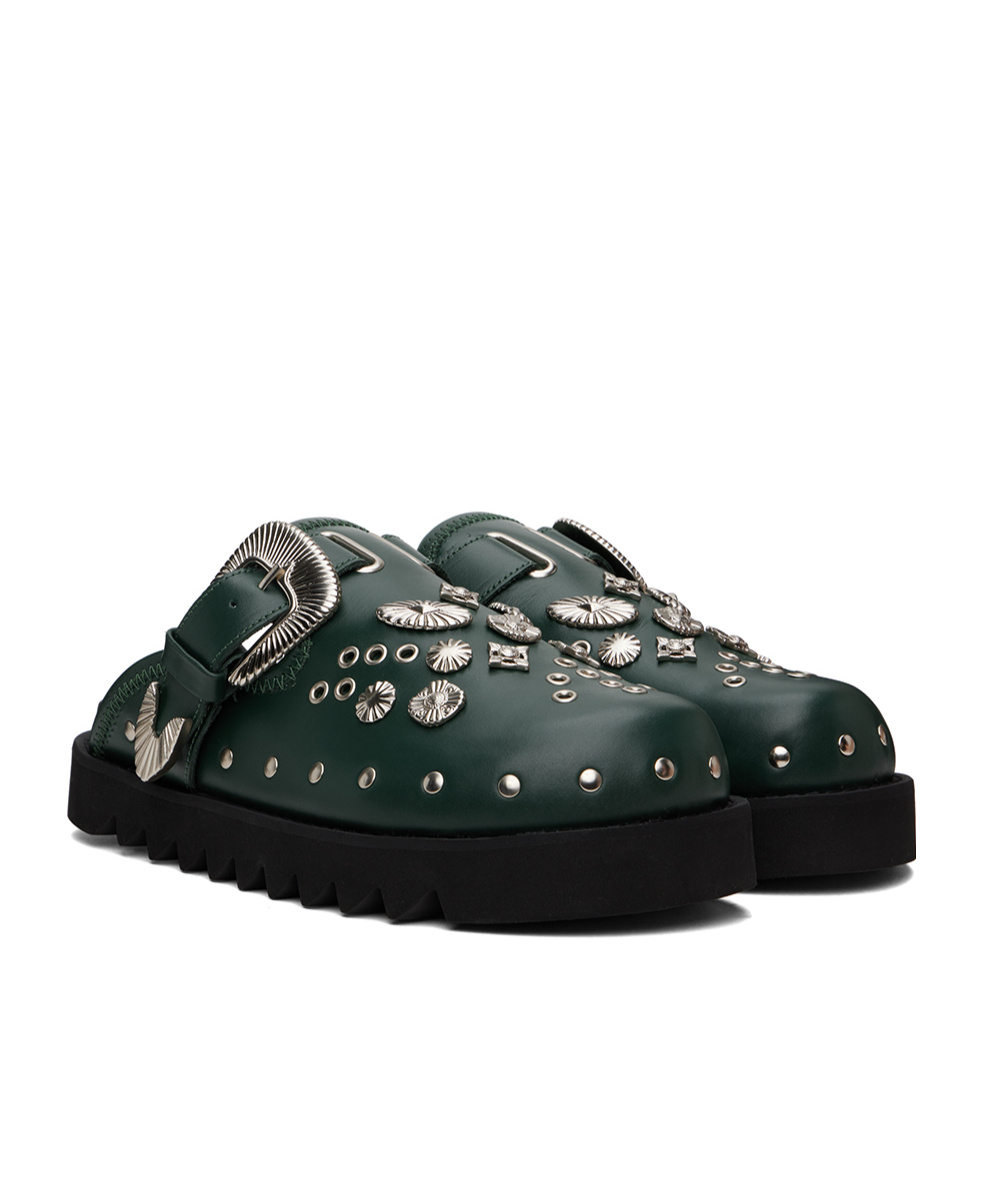 Toga Virilis Ssense Exclusive Green Eyelet Metal Sabot Slip-on Loafers In Black