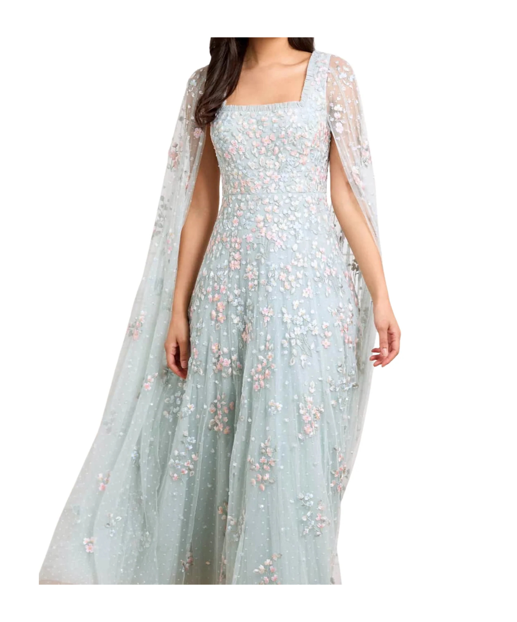 Needle & Thread Floral Cape Sleeve Gown In Blue