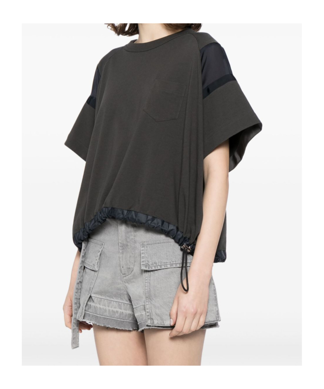 Sacai Cotton Crew Neck T-shirt With Drawstring Hem In Black