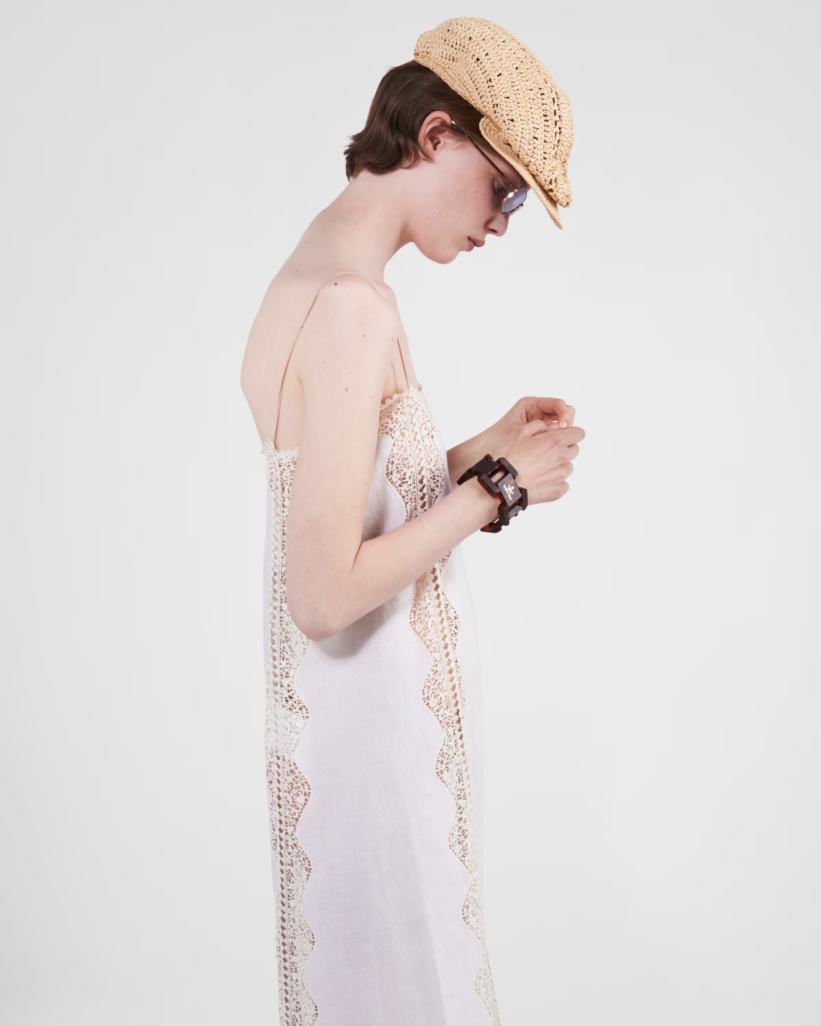 Prada Triangle-logo Crochet-knit Beret In Natural Color