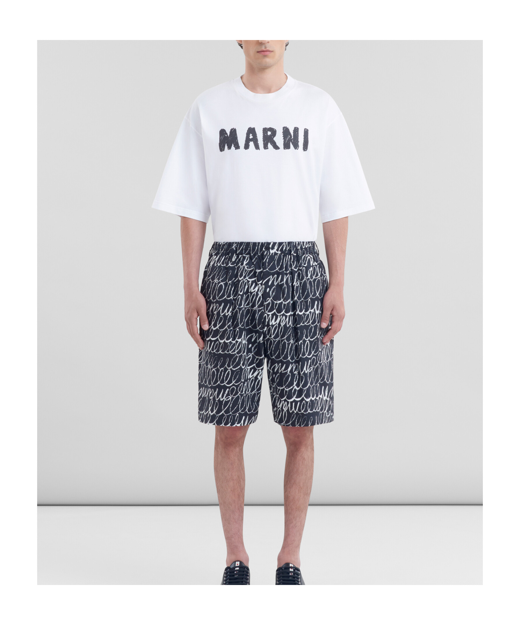 Marni Pattern Poplin Drawstring Shorts In Black