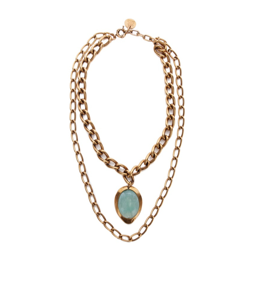 Ermanno Scervino Necklace With Double Chain And Semi-precious Light Blue Hard Stone In Yellow