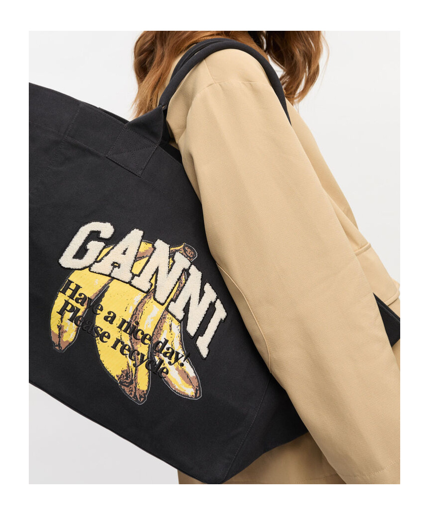 Ganni Black Xxl Banana Print Tote