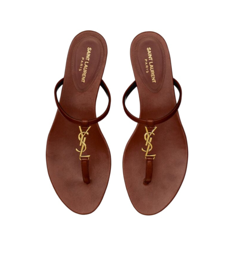 Saint Laurent Cassandra Leather Ysl Thong Sandals In Brown