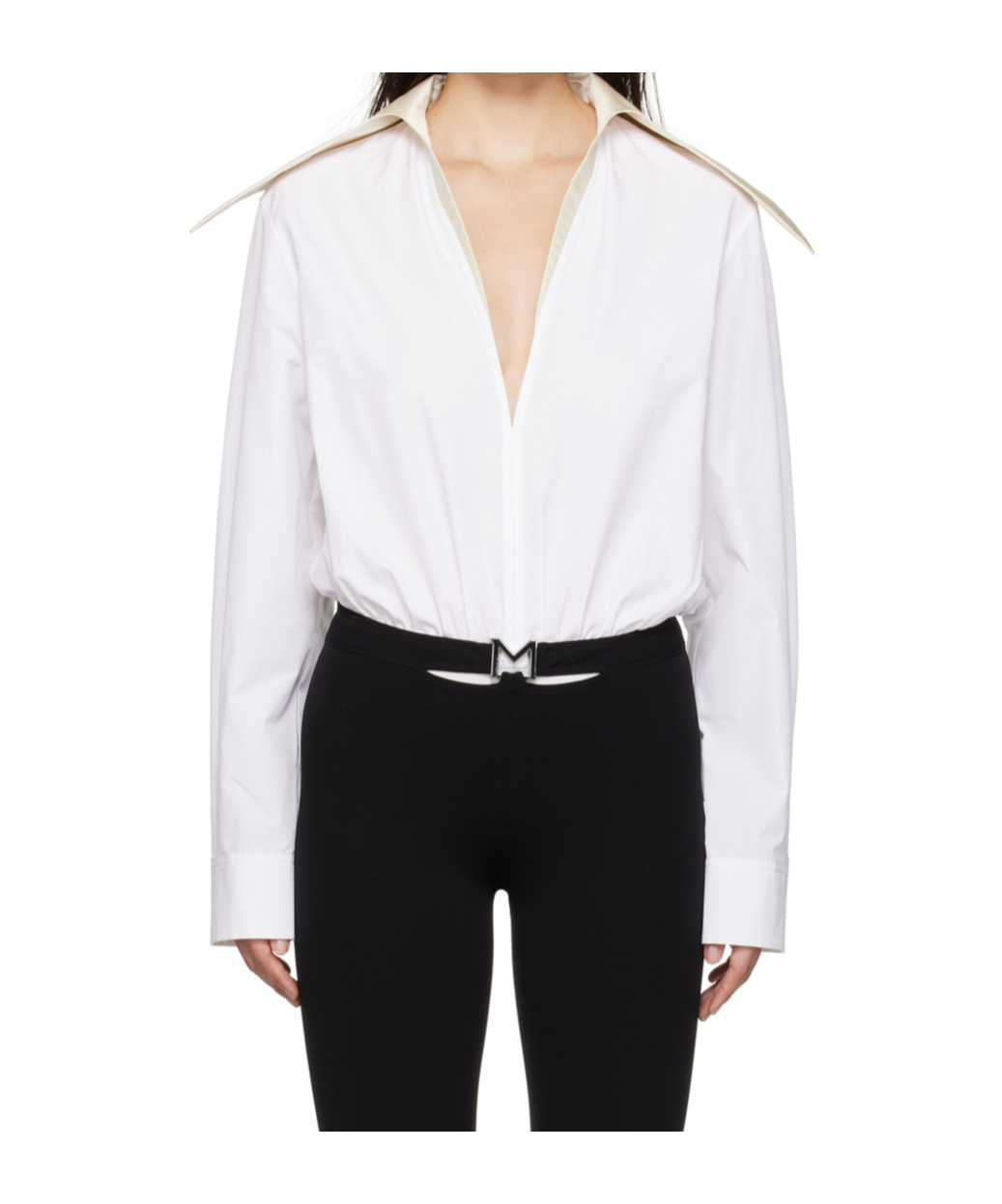 Mugler White Spiky Satin Collar Bodysuit In White